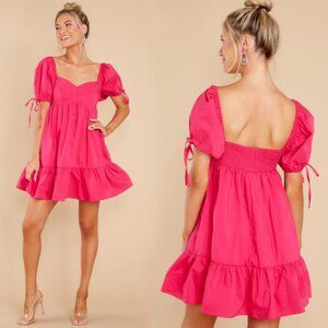 &Merci Pink Tie Puff Sleeve Sweetheart Neck Babydoll Mini Dress